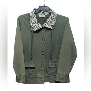 Vintage Cotton Large Zebra Collar Pockets Buttons Olive Green Jacket Coat